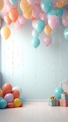 Poster - Birthday celebration wall banner, vibrant decorations such as present boxes and inflatable balloons