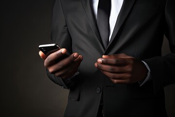 Wall Mural - Modern Businessman: African American Man in Black Suit Connecting a Call with his Mobile Device: Generative AI