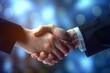 © LayerAce.com - Business handshake closeup over blue out of focus background and volumetric lights rays Generative AI