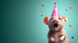 © Sandra Chia - Creative animal concept. Mouse rodent in party cone hat necklace bowtie outfit isolated on solid pastel background advertisement, copy text space. birthday party invite invitation