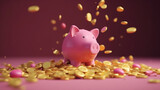 Fototapeta  - Golden coin flowing and dropping from heap to pink piggy bank for Money saving and deposit investment to get profit and dividend concept. generative ai