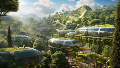 Discover a visionary green city concept, featuring glass houses nestled within a forest. Experience an eco-friendly, technologically advanced modern city.