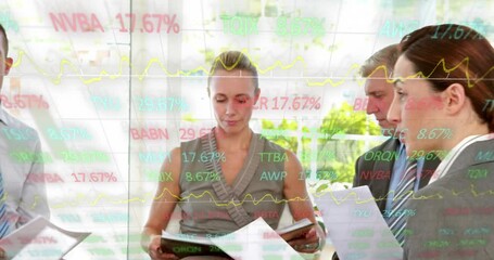 Poster - Animation of stock market data processing over diverse businesspeople discussing together at office