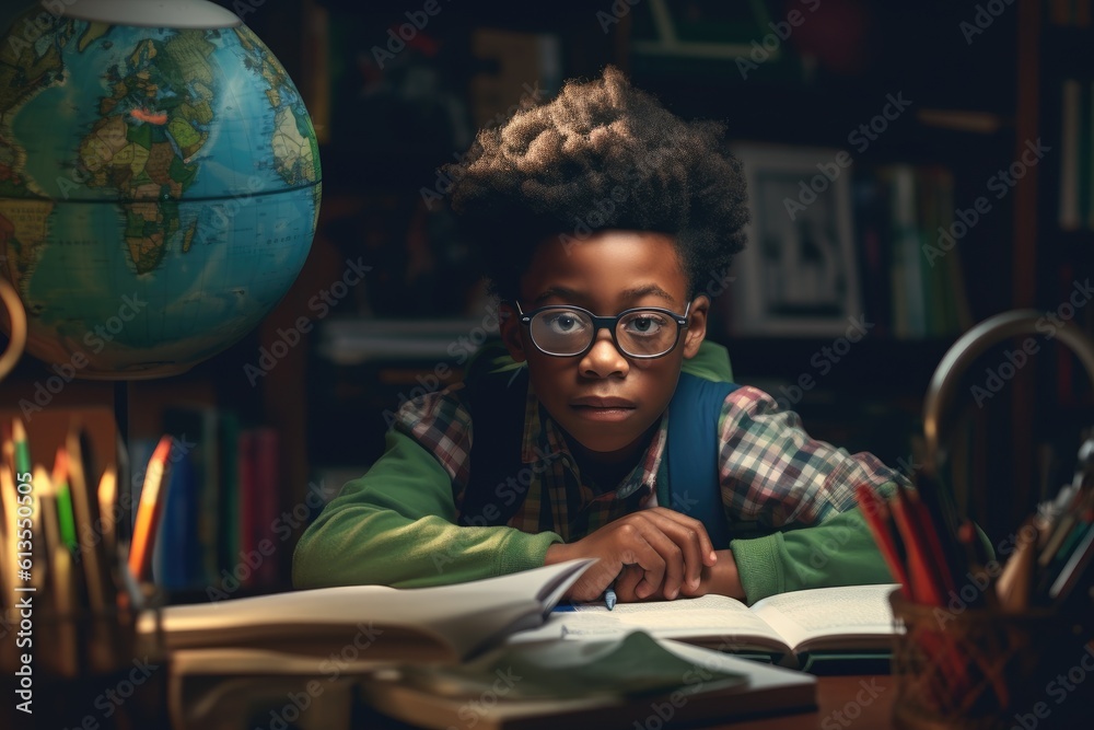 Environmental portrait of a african american boy student sitting at a ...