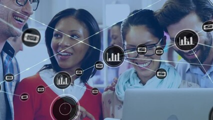 Poster - Animation of network of digital icons over diverse colleagues smiling looking at laptop at office