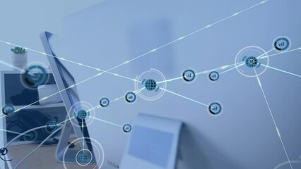 Poster - Animation of network of digital icons against caucasian man using computer at office