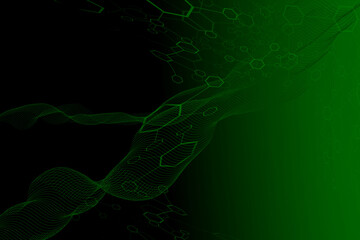 Green and black background, hexagonal molecules and wavy fabric bounce off the spectrum.
