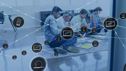 Poster - Animation of network of digital icons against diverse colleagues with documents working at office