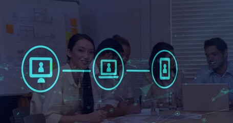 Poster - Animation of network of digital icons and plexus networks against asian woman smiling at office
