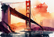 Golden Gate in New York, watercolor artwork. AI generative content.