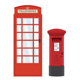 Fototapeta Londyn - London Postal red street mailbox and telephone booth, cartoon style, isolated vector illustration