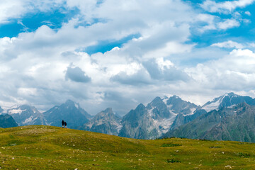 People, hikers walk far in the long distance, on a summer sunny day, against the background of snow-capped peaks of the Caucasus Mountains, Georgia