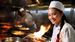 young asian cook cook with many pots and a flame,. canteen kitchen with many hotplates, asian dish, fictitious location
