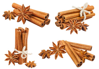 Wall Mural - Collection of delicious cinnamon sticks and star anise, cut out