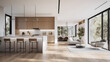 A modern minimalist home interior design with clean lines, sleek furniture, and neutral color palette, featuring an open-concept living space connected to a spacious kitchen, bathed in natural light f