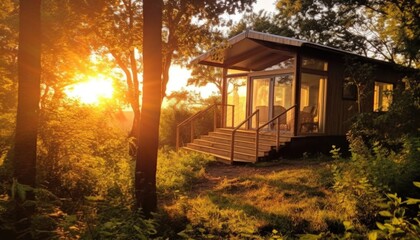 Tiny house cabin in nature. Forest, sunrise, sunset. Back to basic.