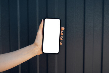 Wall Mural - Close-up of female hand holding smartphone with blank on screen, on background of black metal facade of modern house. Mockup concept.