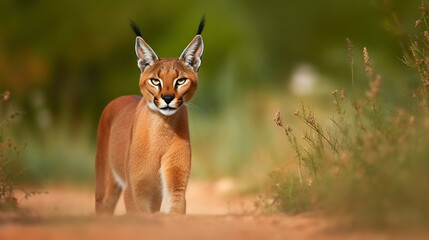caracal, african lynx, in green grass vegetation. beautiful wild cat in nature habitat, generative a