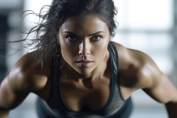 Wall Mural - The strength and agility of a female athlete as she engages in high - intensity interval training( HIIT) at the gym. Generative AI