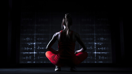 Rear View, a female muscle building athlete sitting with dumbbells, a jogger, in the style of emotional intensity, Generative AI