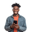 Portrait of a handsome, young black man wearing holding a phone. Isolated on transparent background. No background.	
