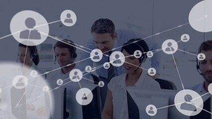 Poster - Animation of network of profile icons on team of diverse customer care executives working at office
