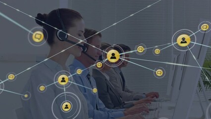 Poster - Animation of network of digital icons on team of diverse customer care executives working at office