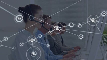 Poster - Animation of network of digital icons on team of diverse customer care executives working at office