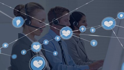 Poster - Animation of network of digital icons on team of diverse customer care executives working at office
