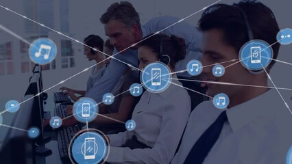 Poster - Animation of network of digital icons on team of diverse customer care executives working at office
