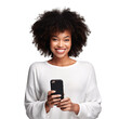Portrait of a beautiful, young black woman holding a phone. Isolated on transparent background. No background.	
