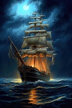 Old Sail Ship Floating On Calm Ocean With Half Moon And Stars In Background. Generative AI