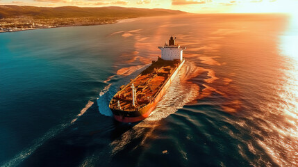 Wall Mural - Panoramic front view of a cargo ship carrying oil, Generative AI