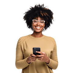 portrait of a beautiful, young black woman holding a phone. isolated on transparent background. no b