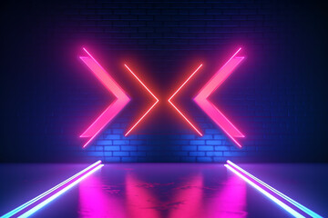 Wall Mural - 3d render, abstract minimalist geometric background. Two counter neon arrows approaching each other. Duality concept