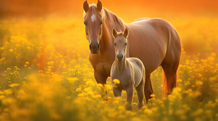 mother and foal standing in a field of yellow flowers, in the style of beautiful, light red and ligh