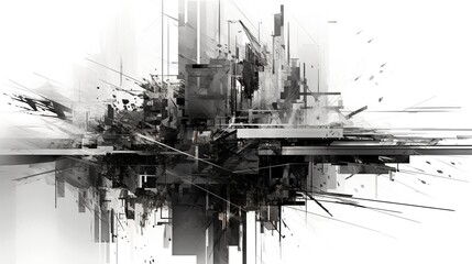 contemporary abstract geometric art of buildings. black and white graphic. town. generative ai. illu