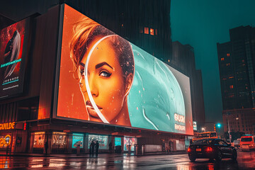 Advertising billboards in a futuristic city streets at night. Generative AI
