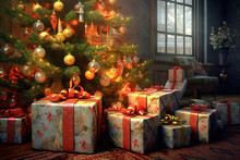 Generative AI - A Decorated Christmas Tree And Wrapped Gift Under It In A Dark Sitting Room, Christmas Time