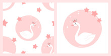 Seamless Pattern With Cute Swan On White Background Vector Illustration. Cute Childish Print.