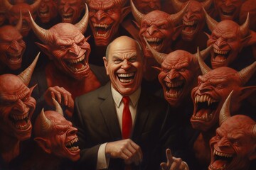 bunch of greedy evil politics with devil like eyes and horns laughing generative ai