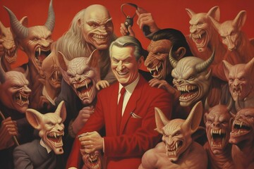 Wall Mural - Bunch of greedy evil politics with devil like eyes and horns laughing Generative AI