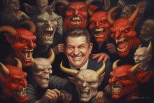 Bunch Of Greedy Evil Politics With Devil Like Eyes And Horns Laughing Generative AI