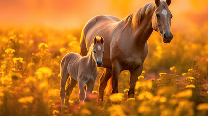 Mother and foal standing in a field of yellow flowers, in the style of beautiful, light red and light amber, Generative AI