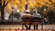 two old men sitting on bench park. retirement concept. generative ai