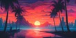 Beautiful tropical beach landscape with palm trees and a mountain range in the background. 80s Retrowave themed background