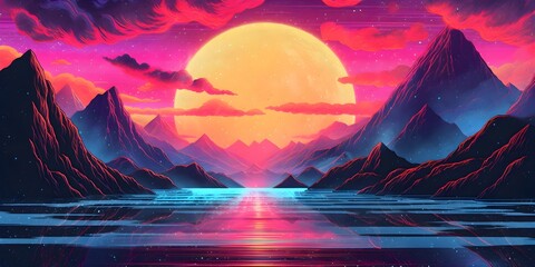 Wall Mural - Beautiful mountain range landscape with a sunset. 80s Retrowave themed background