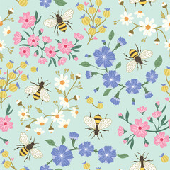 Honey bees and colorful little ditsy flowers on a blue background. Seamless repeated surface vector pattern design.