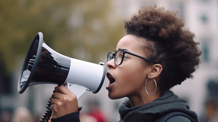 Young African American woman protesting against racism while raising her fist and using a megaphone.Generative AI