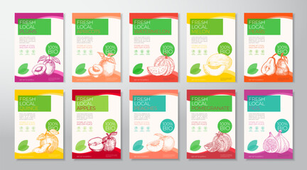 Wall Mural - Fresh Local Fruits Label Templates Collection. Abstract Vector Packaging Design Layouts Set. Modern Typography Banner with Hand Drawn food Sketch Silhouettes Backgrounds Isolated